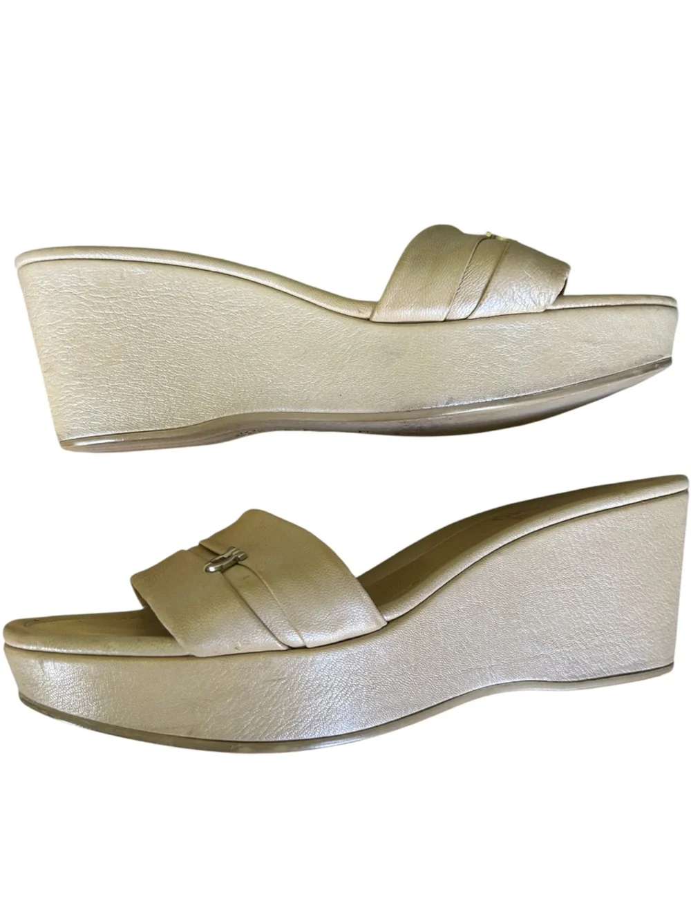 Salvatore  Ferragamo Champagne Metallic Leather Gancini Wedge Slide 7.5